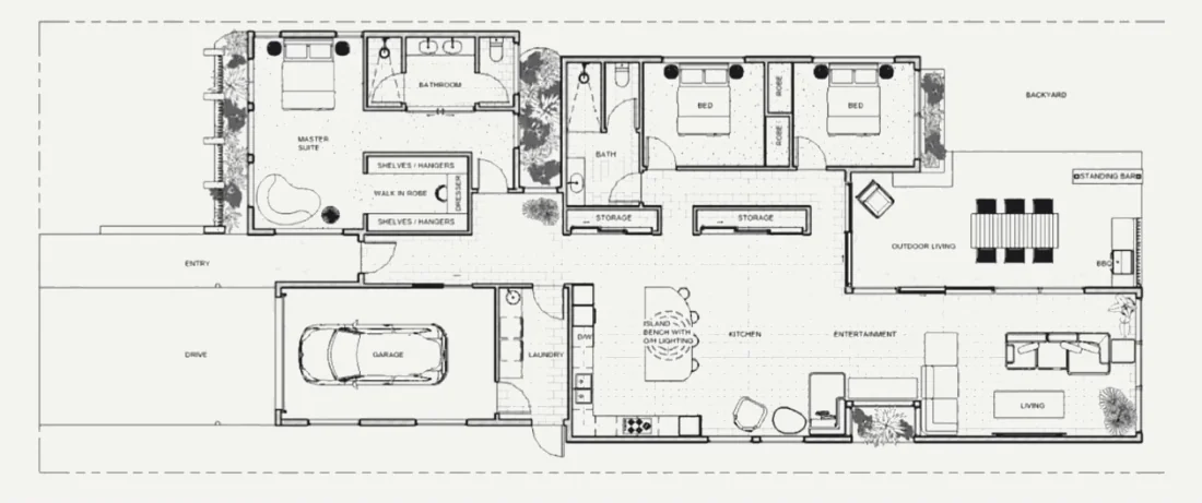 Floor plan of a single-storey home with garage, three bedrooms and open living to an outdoor room.