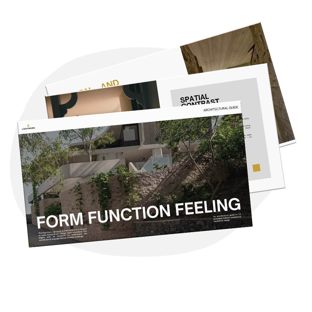 Pages from the Form Function Feeling playbook, an architectural guide to residential design.